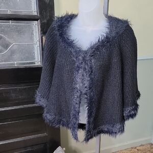NWT SAACHI Black Sweater Poncho with Faux Fur Trim Hook Closure Woman Size O/S